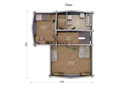 Двухэтажный дом из бруса с просторной кухней-гостиной 9800х8800