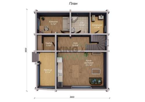 Двухэтажный дом из бруса с просторной кухней-гостиной 9800х8800