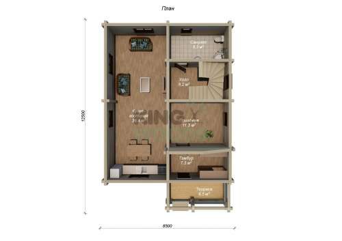 Большой двухэтажный дом из бруса с просторной кухней-гостиной 12500х8500